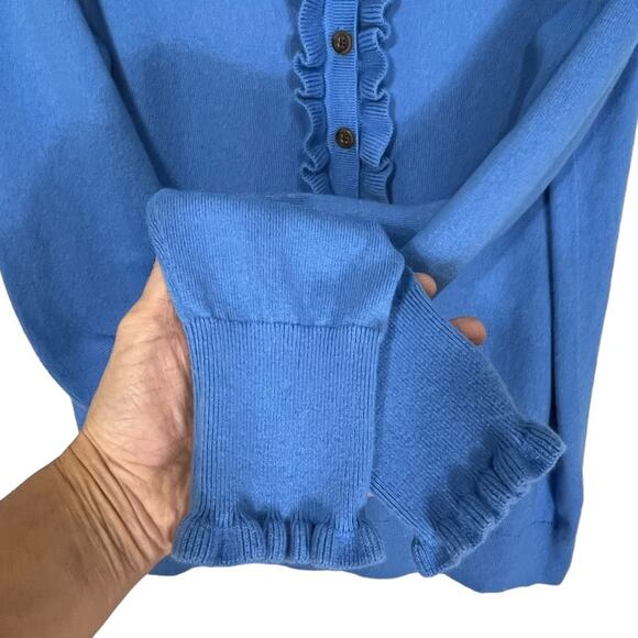 Boden Sweater Lara Frill Henley Ruffle Blue Women's Sz 8  Wool Cotton Blend - Picture 3 of 7